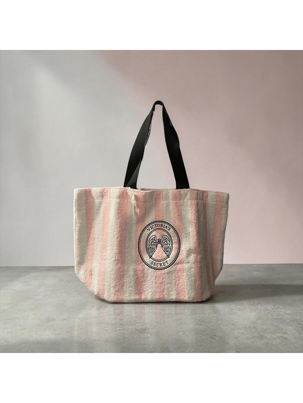 NWT Classic Victoria's Secret Pink White Striped Terry Cloth Tote Bag